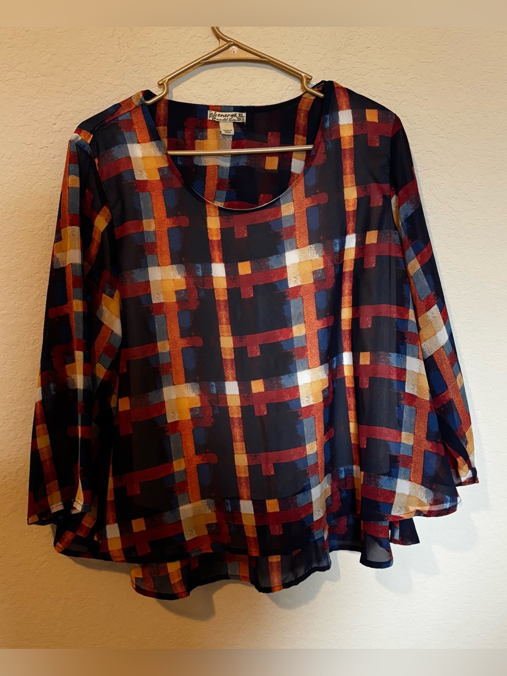 Energe World Wear Womens Multicolor Abstract Plaid Layered Blouse Size XL